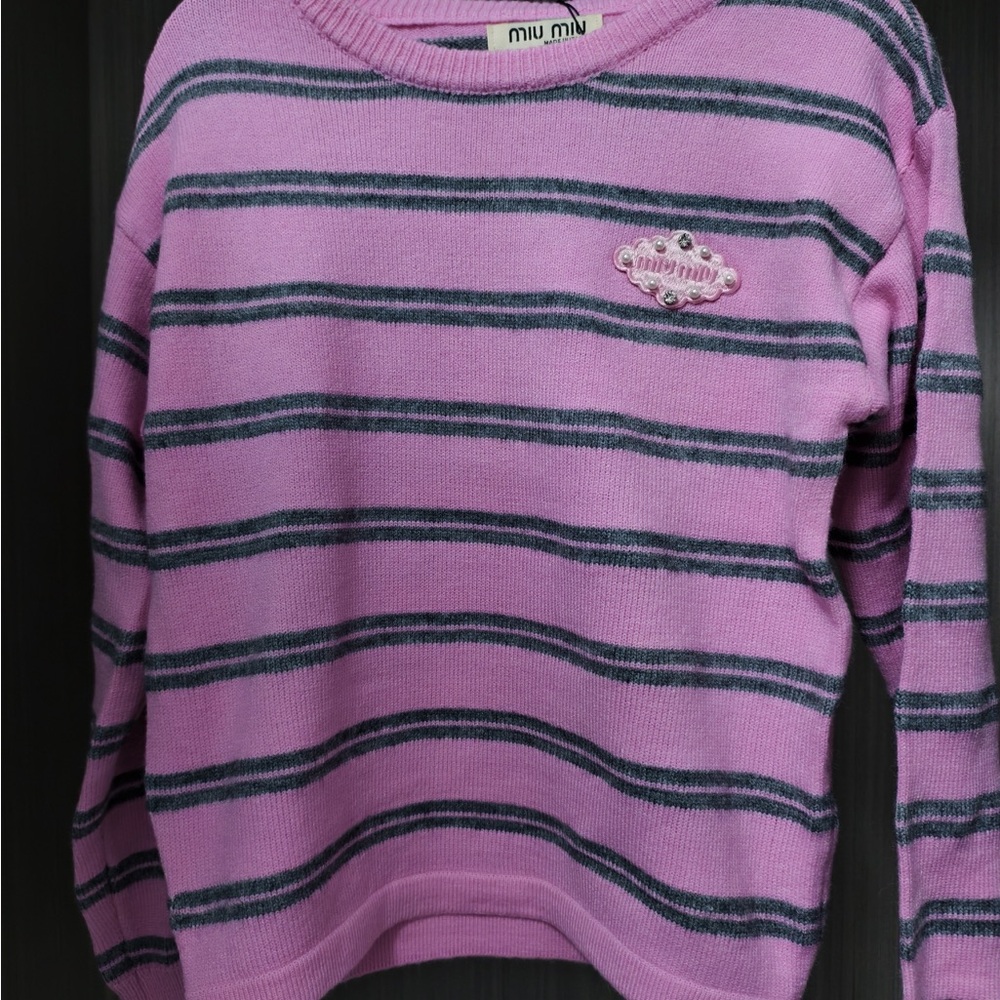 Miu Miu Pink and Black Striped Crew Neck Sweater